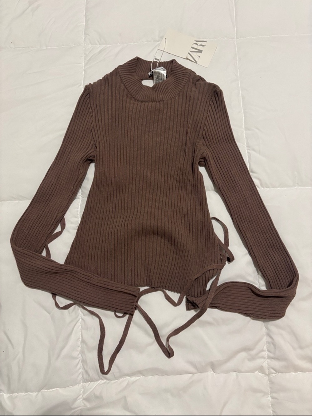 Zara Brown Ribbed Sweater with Side Tie Details